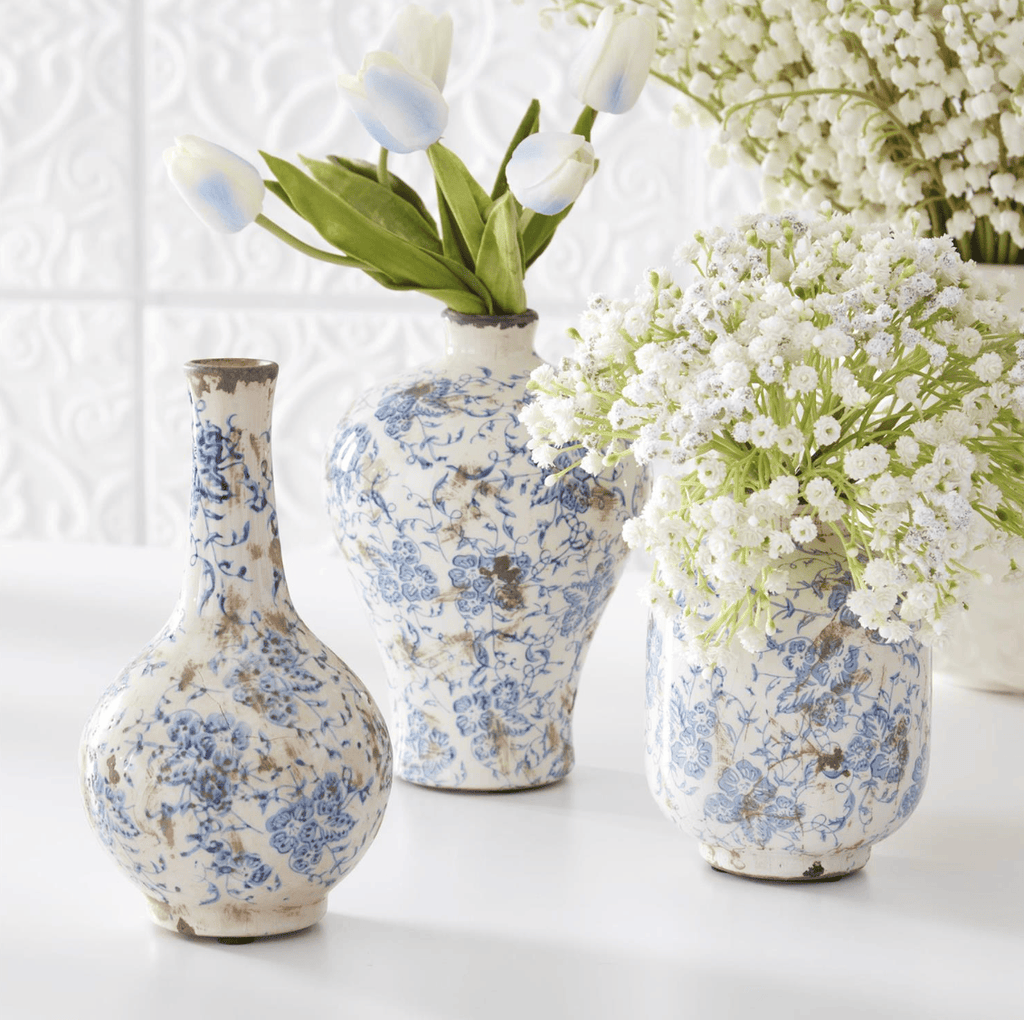 Set of 3 Blue and White Ceramic Bud Vases - Chinoiserie Style Decorative Flower Vases