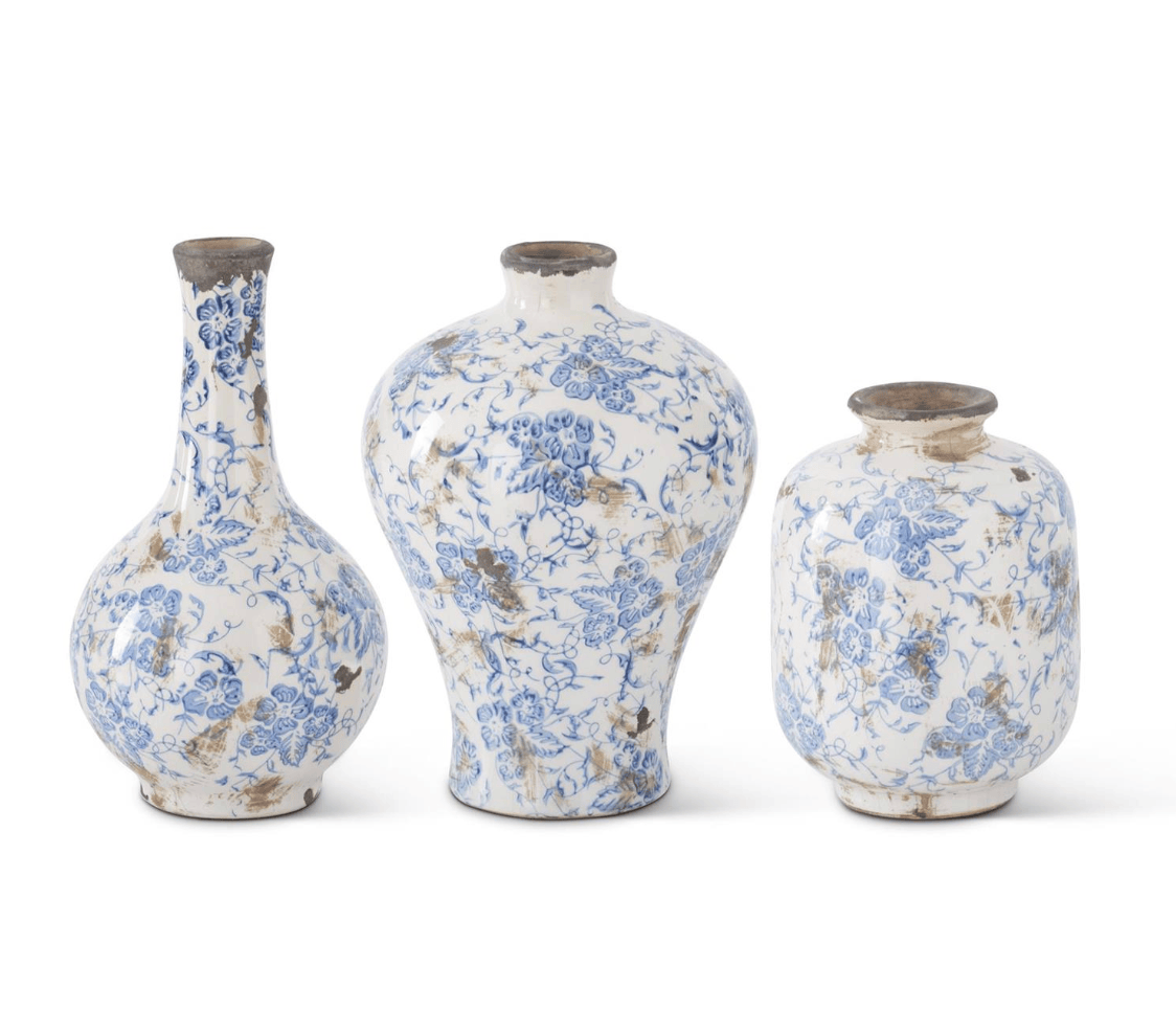 Set of 3 Blue and White Ceramic Bud Vases - Chinoiserie Style Decorative Flower Vases