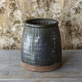 AGED OLIVE DRIPPED GLAZED POTTERY BUTTERCHURN VASE LARGE