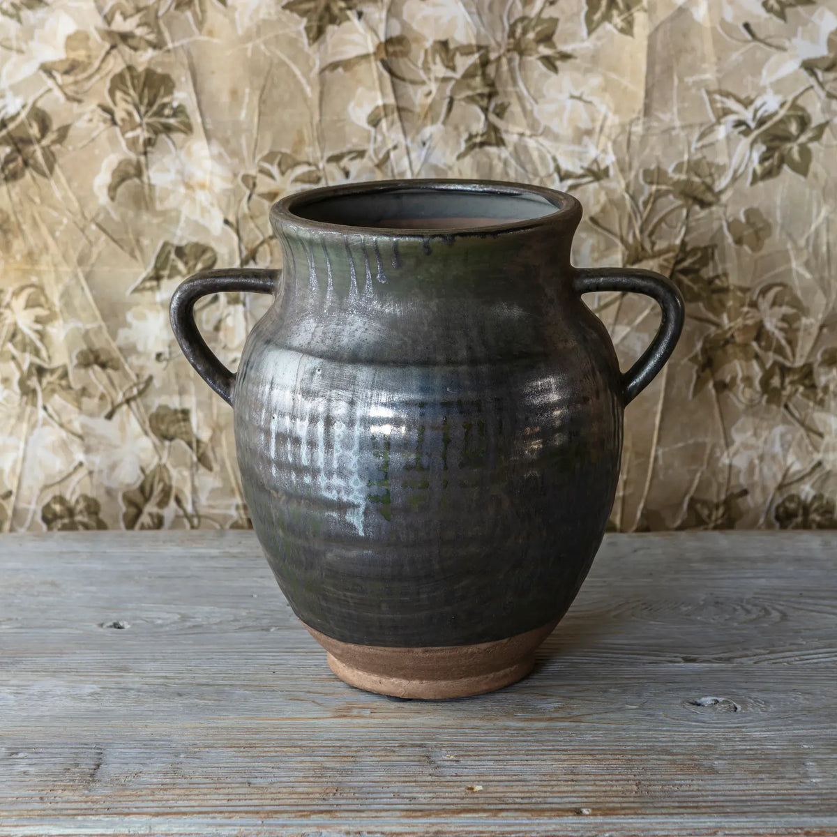 Aged Olive Dripped Glazed Pottery Jardinere Large
