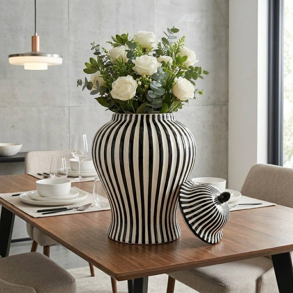 Black & White Candy Cane Striped Ceramic Vase – 18"