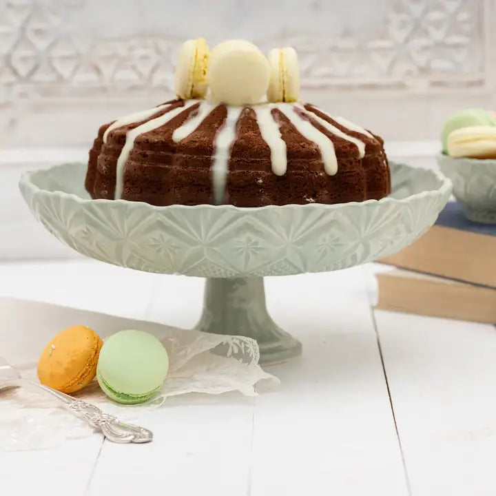 Vintage Inspired Handmade Ceramic Cake Stand – Green, White, Gray & Taupe