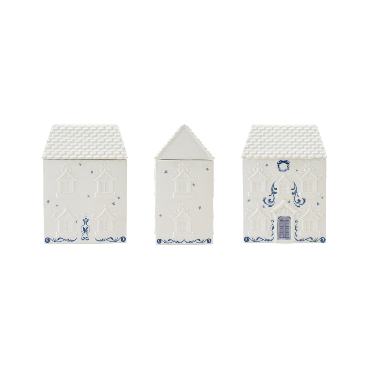 White & Blue Ceramic House Cookie Jar with Stars & Wreath – 9.5"