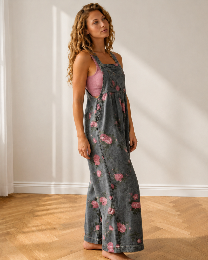 Scottie Floral Print Pleated High Waist Wide Leg Denim Jumpsuit