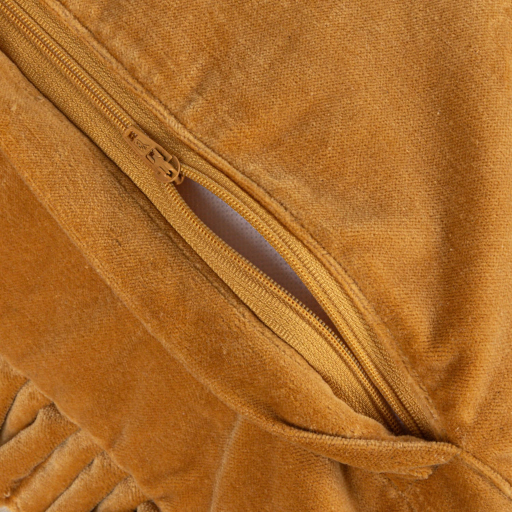 20" Square Cotton Velvet Pillow with Ruffled Trim, Mustard Color