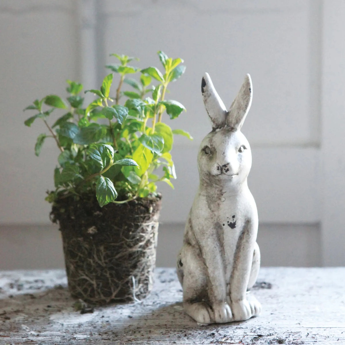 Distressed Ceramic Rabbit Figurine - Rustic Spring Decor