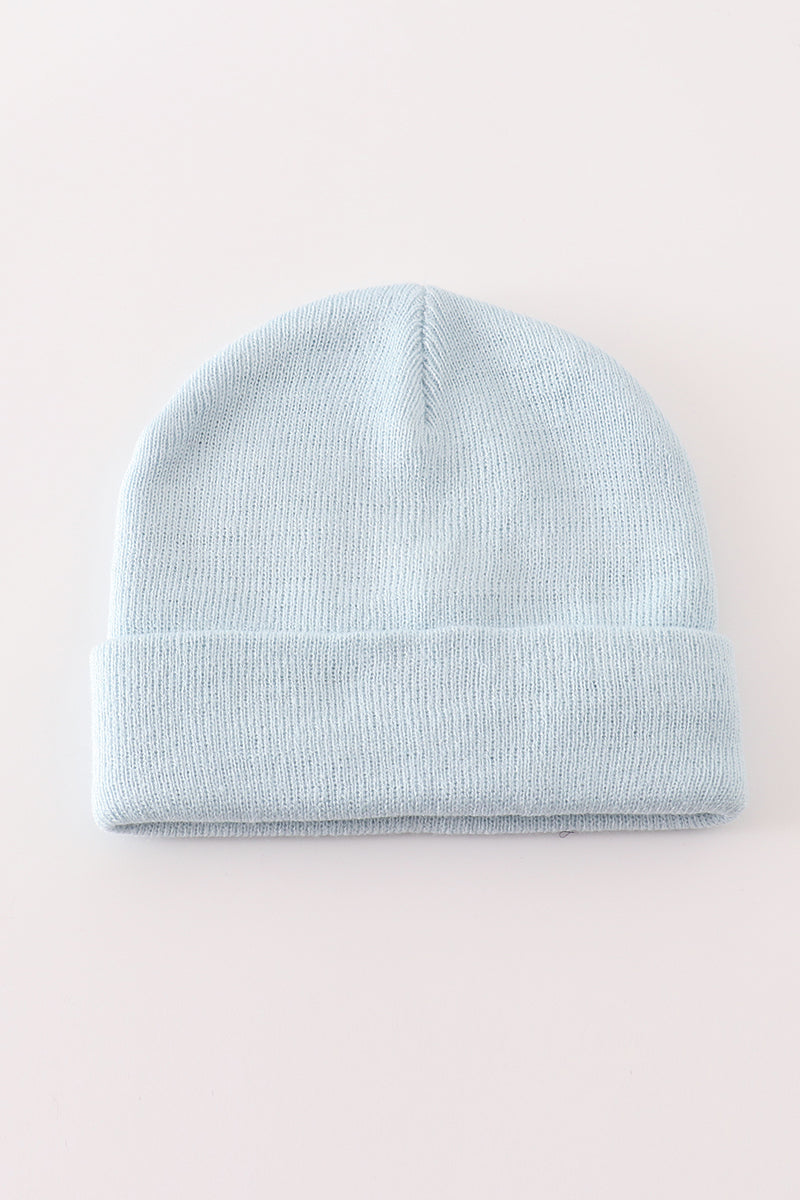 Blue ribbed basic knit beanie hat