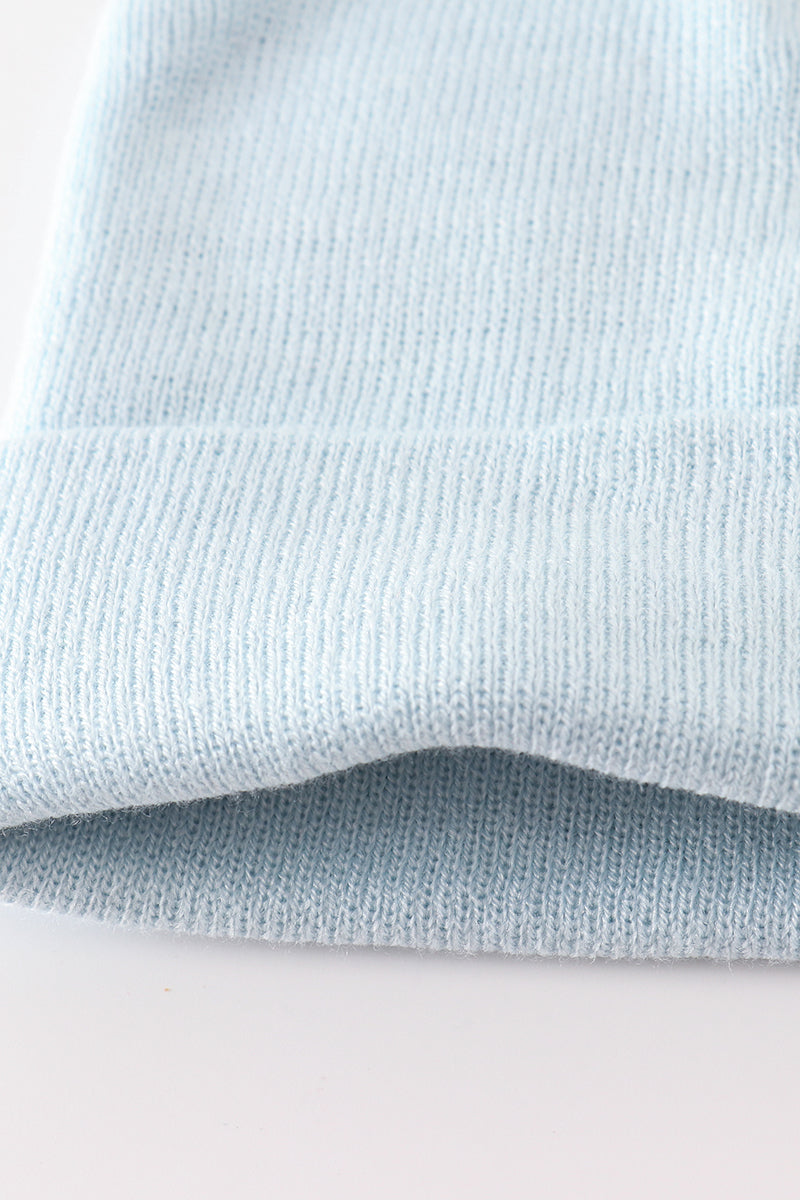 Blue ribbed basic knit beanie hat
