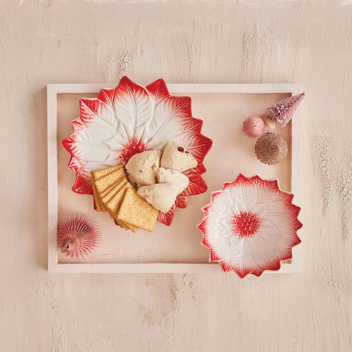 Hand-Painted Stoneware Poinsettia Shaped Plate 9.5" - Red & White