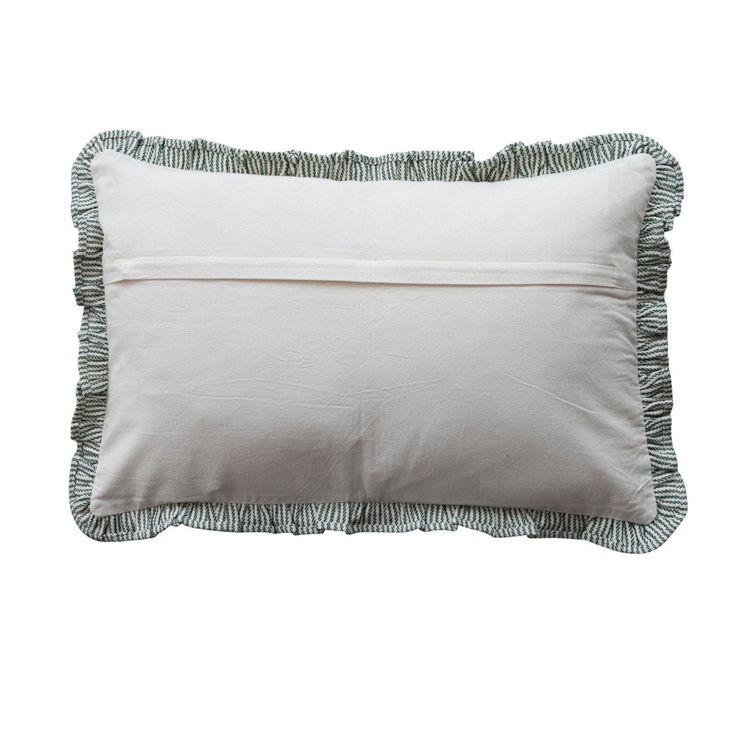 Woven Cotton Striped Lumbar Pillow with Ruffle – Cream & Green | 24"