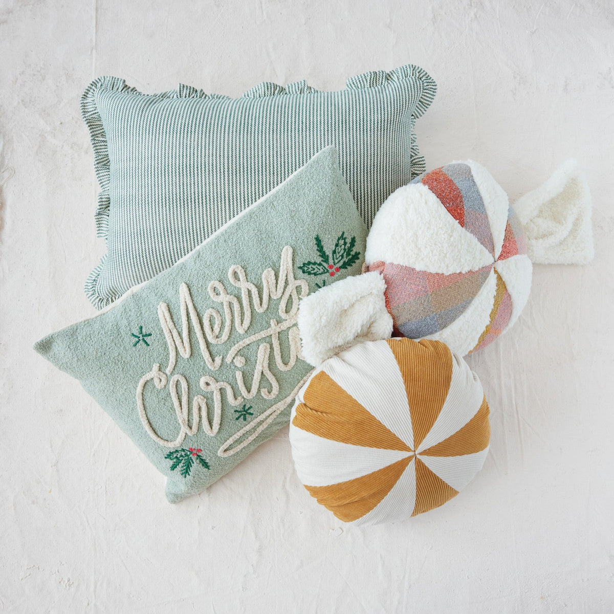 Woven Cotton Striped Lumbar Pillow with Ruffle – Cream & Green | 24"