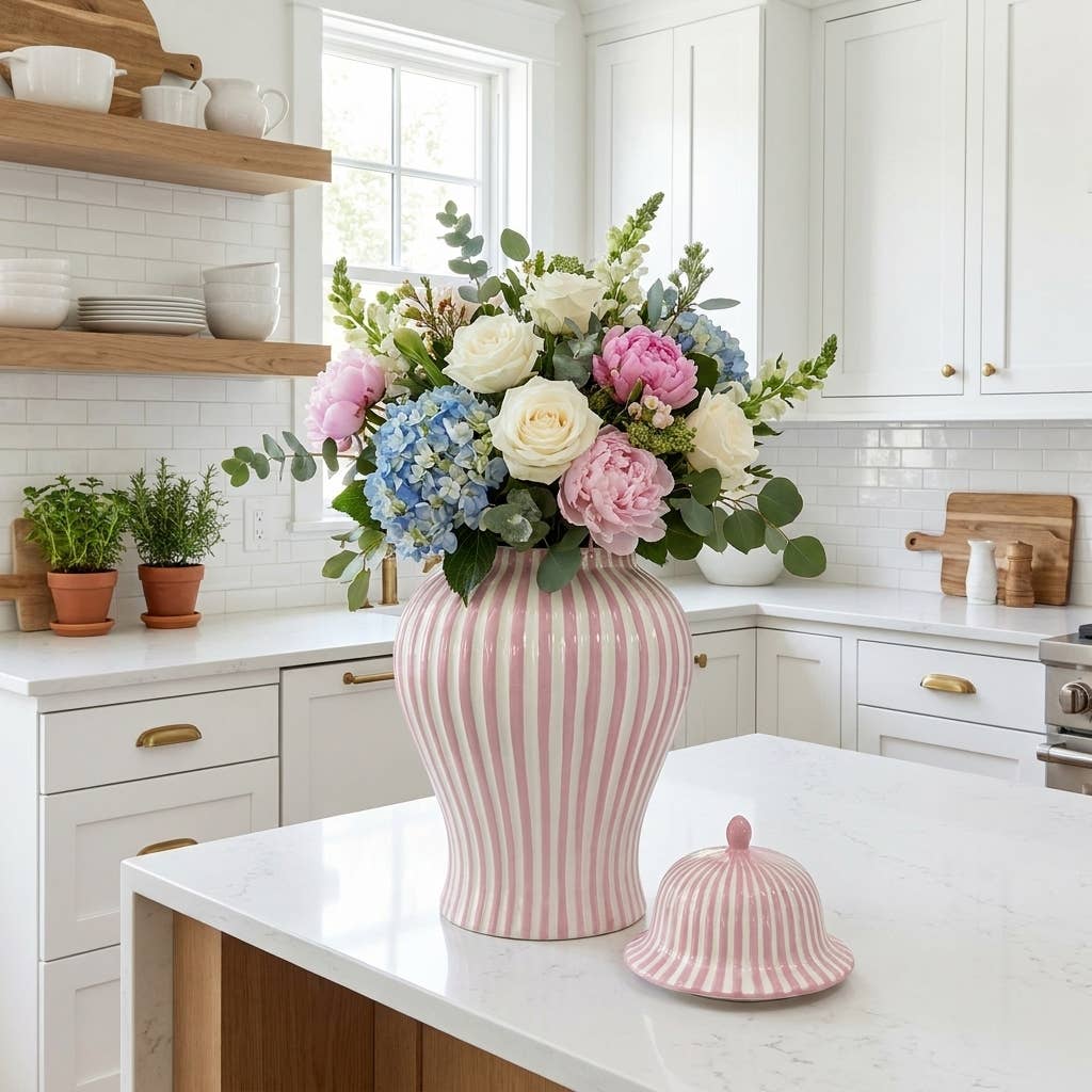 Pink & White Candy Cane Striped Ceramic Vase – 18"