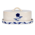 Hand-Painted Blue & White Stoneware Butter Dish with Flower