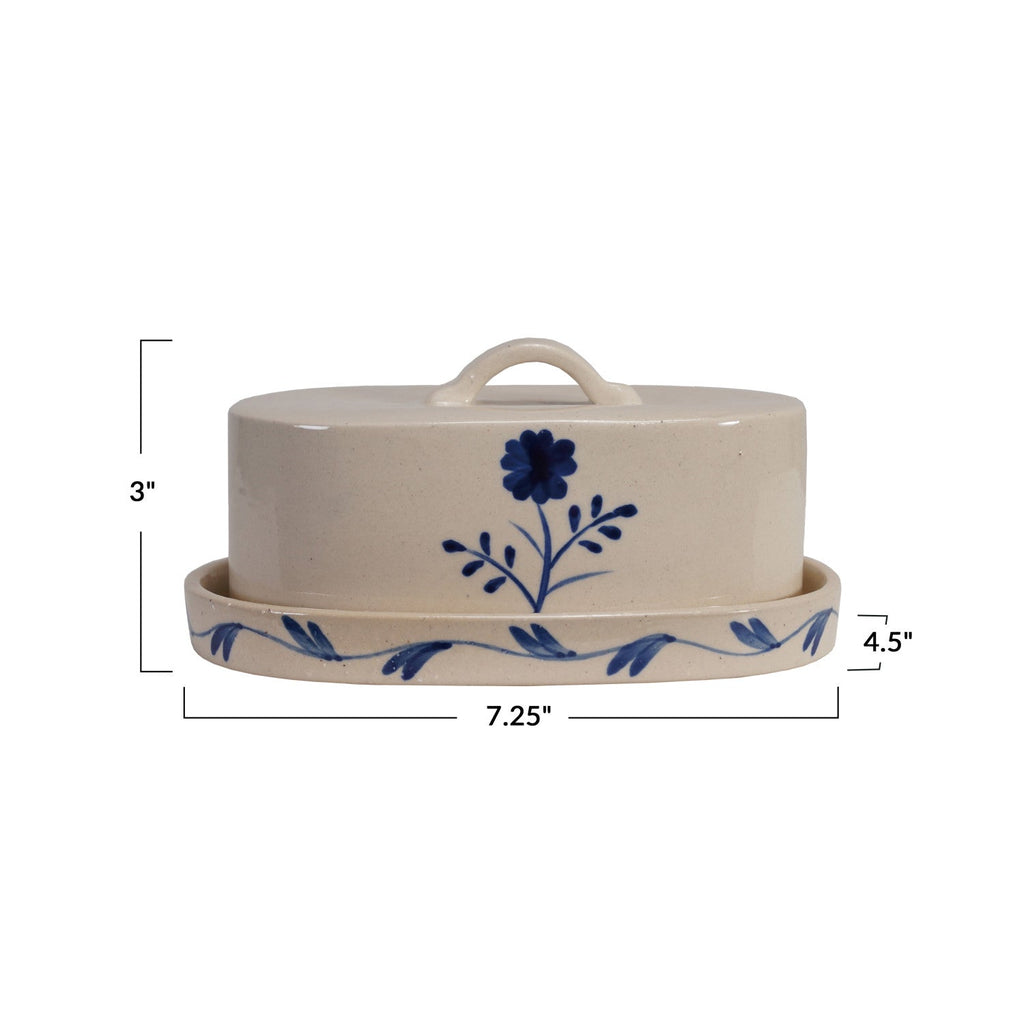 Hand-Painted Blue & White Stoneware Butter Dish with Flower