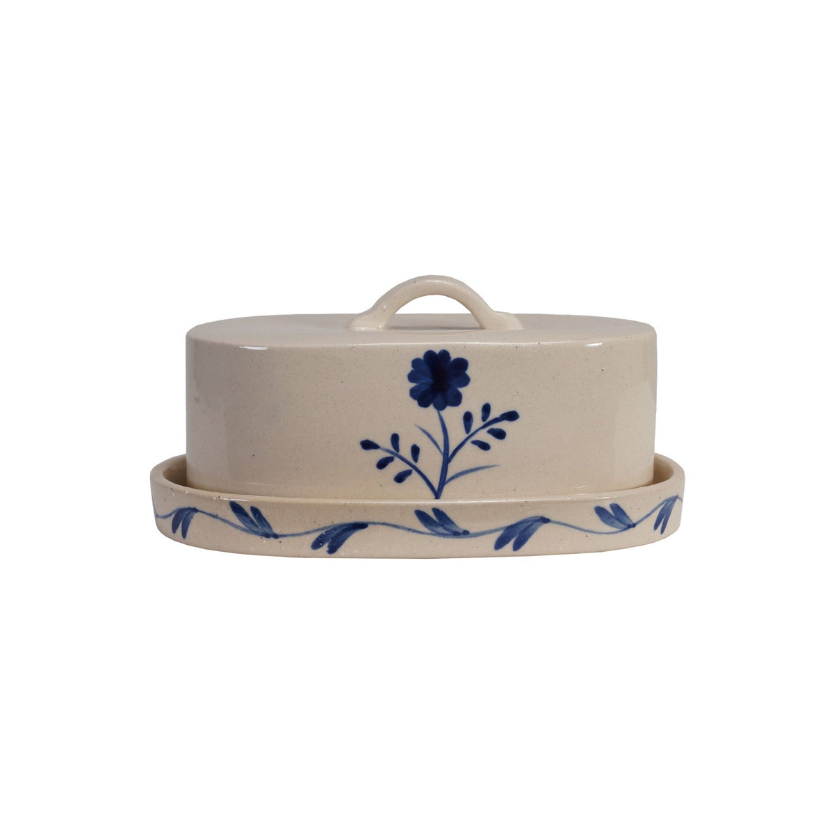 Hand-Painted Blue & White Stoneware Butter Dish with Flower