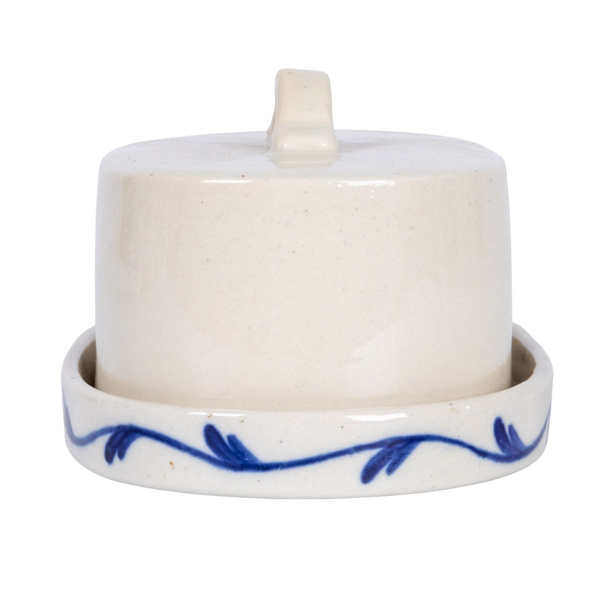Hand-Painted Blue & White Stoneware Butter Dish with Flower