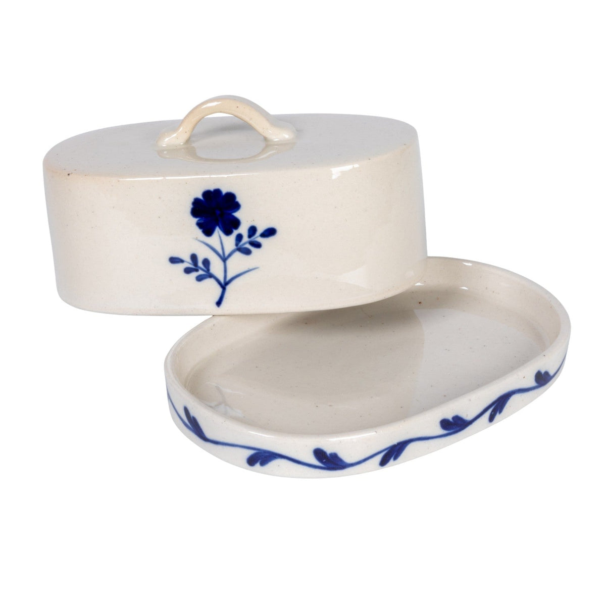 Hand-Painted Blue & White Stoneware Butter Dish with Flower