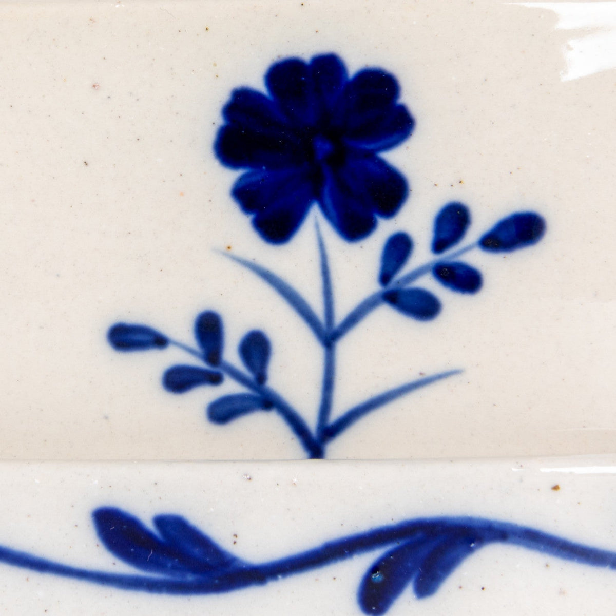 Hand-Painted Blue & White Stoneware Butter Dish with Flower