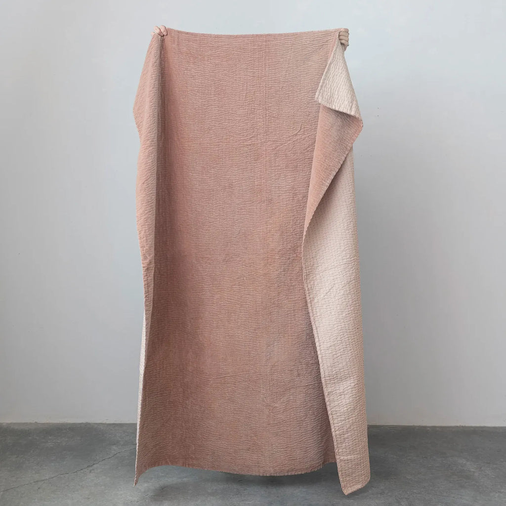 Cotton Velvet Throw w/ Kantha Stitch, Blush Peach Color