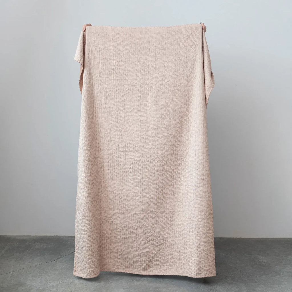 Cotton Velvet Throw w/ Kantha Stitch, Blush Peach Color