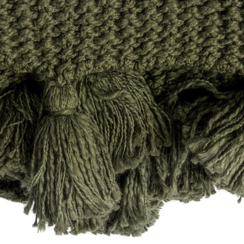 60"L x 50"W Cotton Knit Throw w/ Tassels, Olive Green
