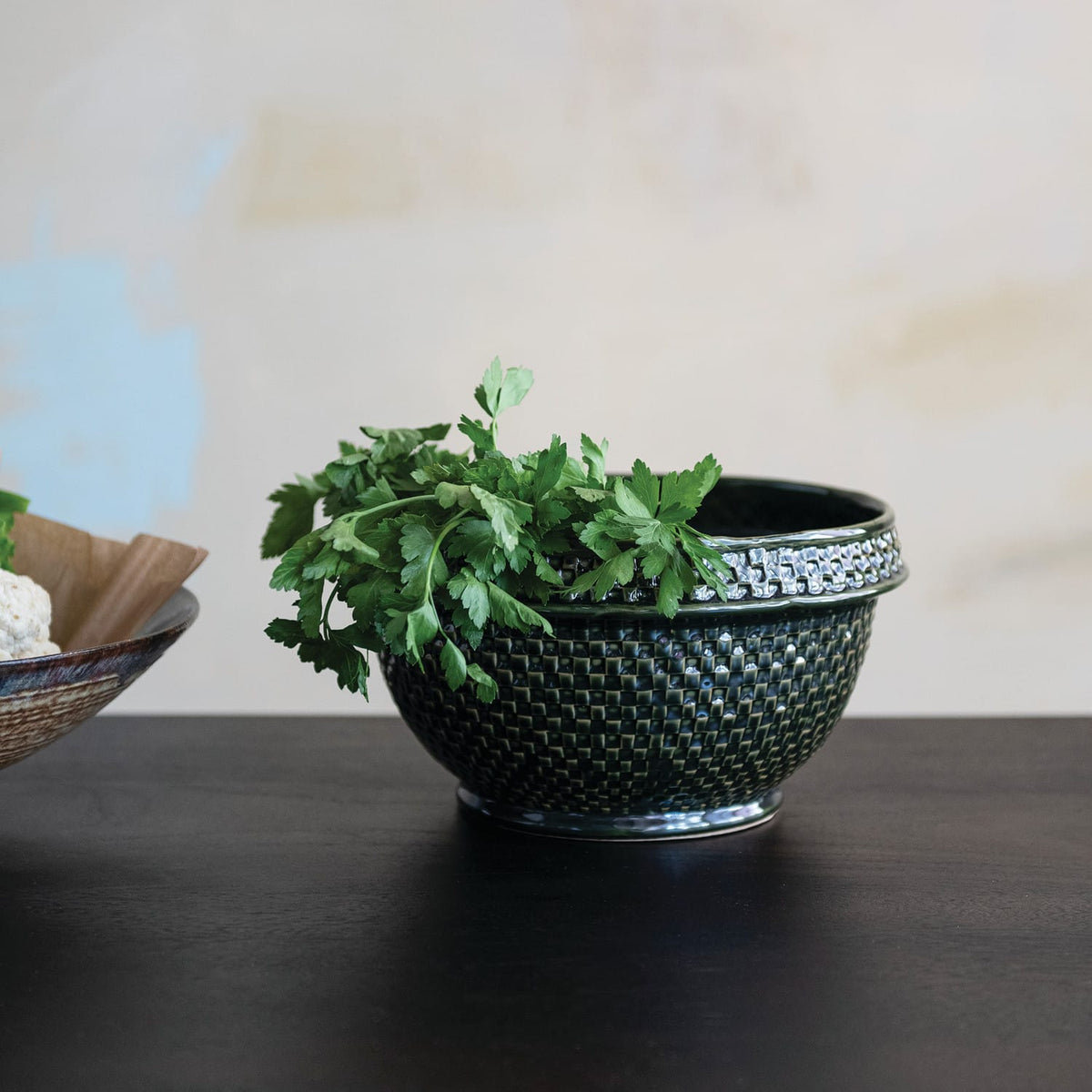 Green Stoneware Basket Weave Bowl 11.3" - Handcrafted Ceramic Centerpiece