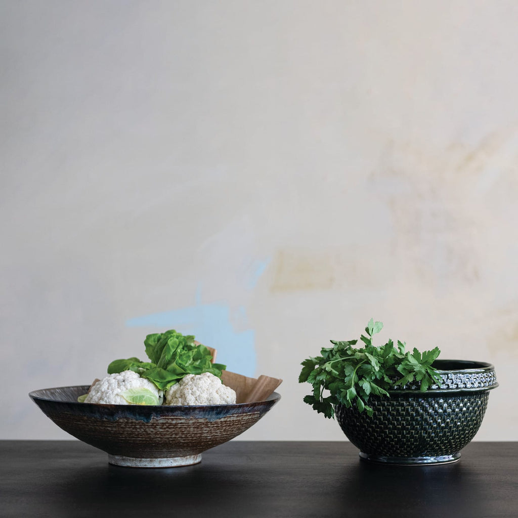 Green Stoneware Basket Weave Bowl 11.3" - Handcrafted Ceramic Centerpiece