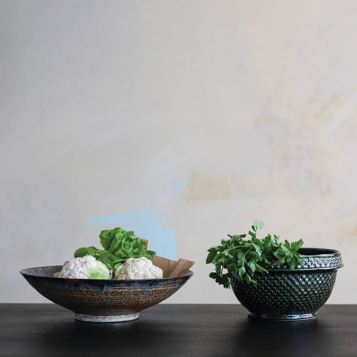 Green Stoneware Basket Weave Bowl 11.3" - Handcrafted Ceramic Centerpiece