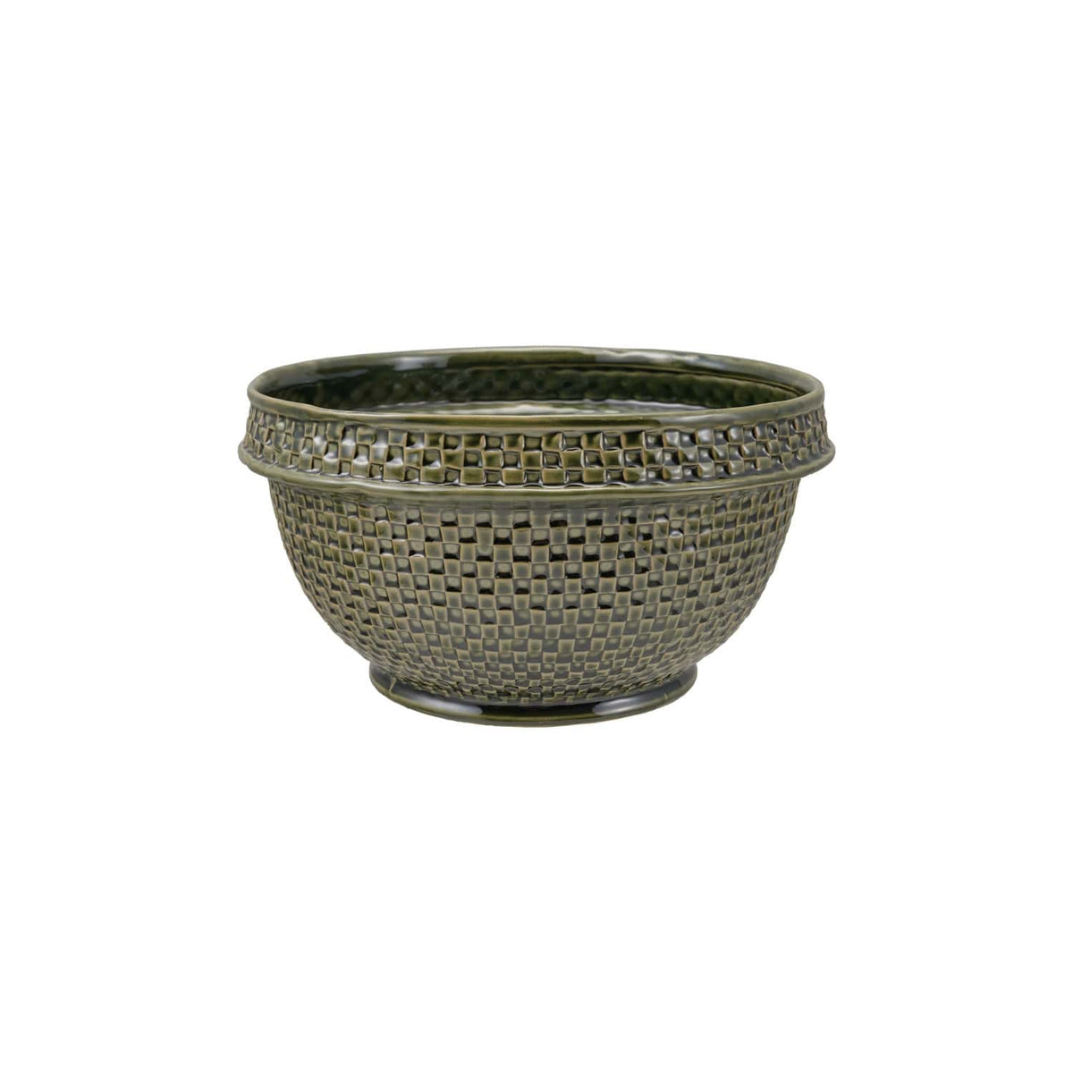 Green Stoneware Basket Weave Bowl 11.3" - Handcrafted Ceramic Centerpiece