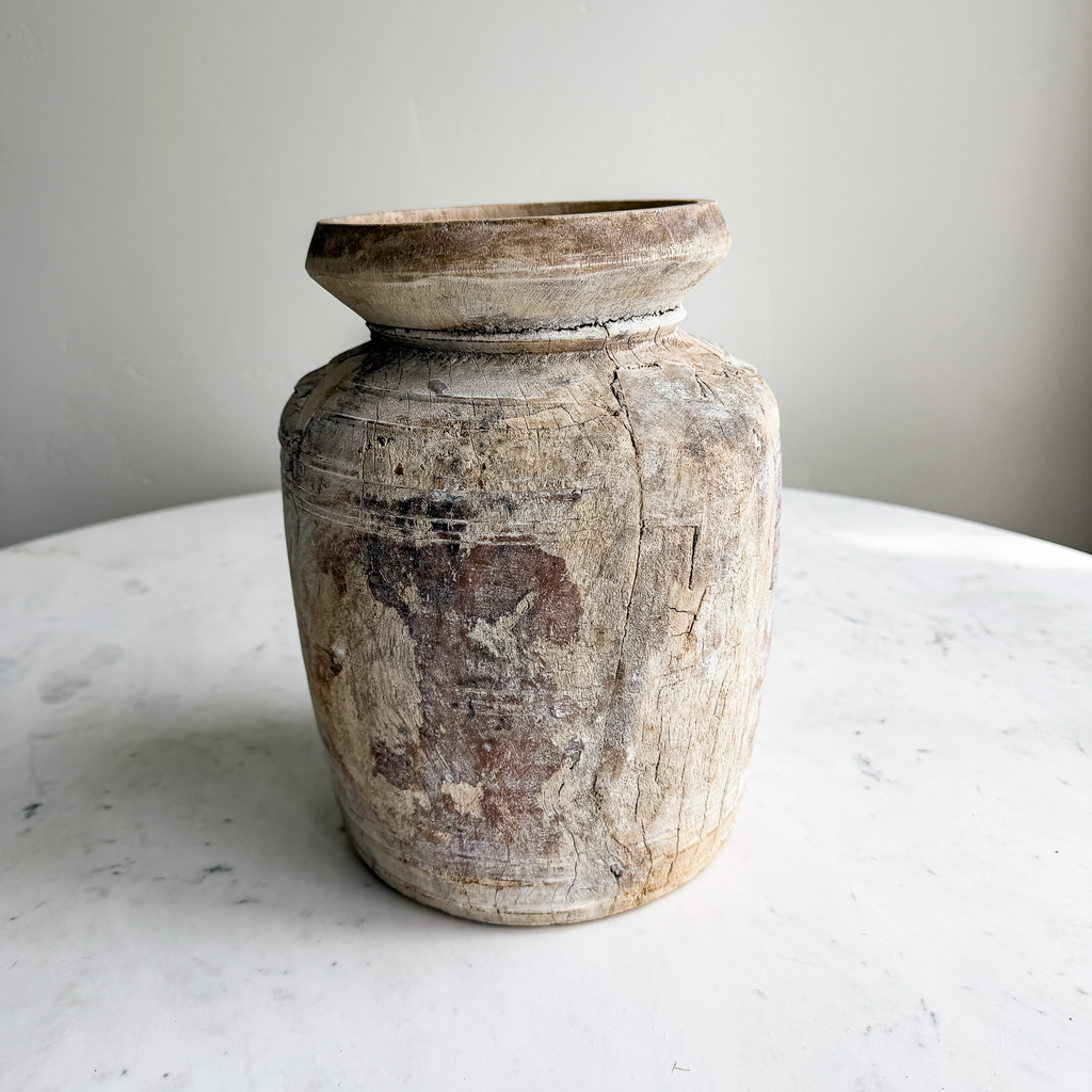 Nepali Water Pot Vase - Bleached Wood | Medium Handmade Rustic Vessel