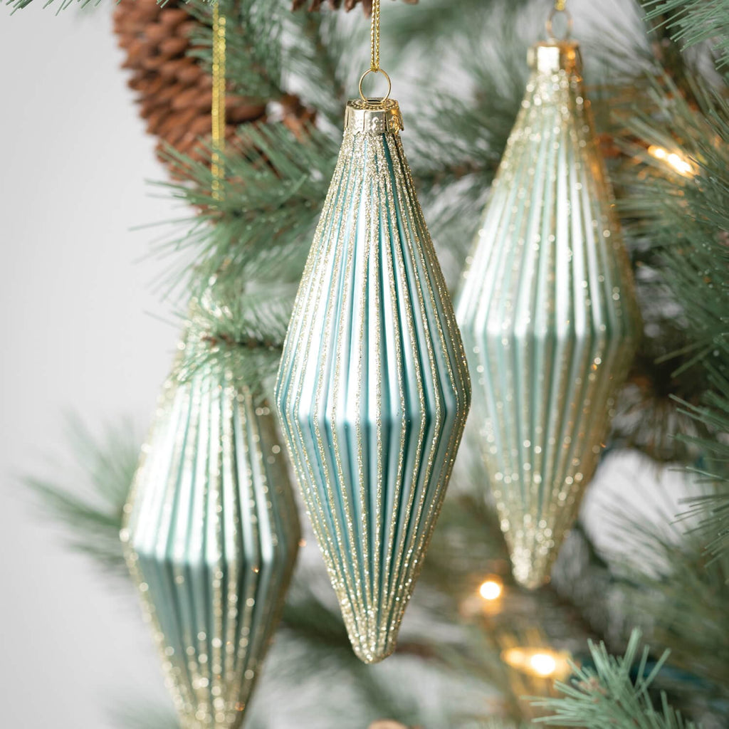 Retro Drop Christmas Ornament - Shades of Green with Gold Glitter - 5.5"