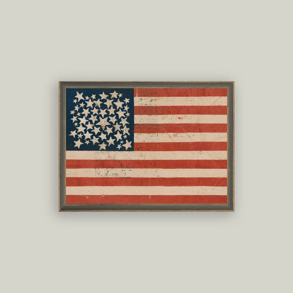 Rustic Flag Framed Antique Canvas Wall Art | Farmhouse Americana Decor