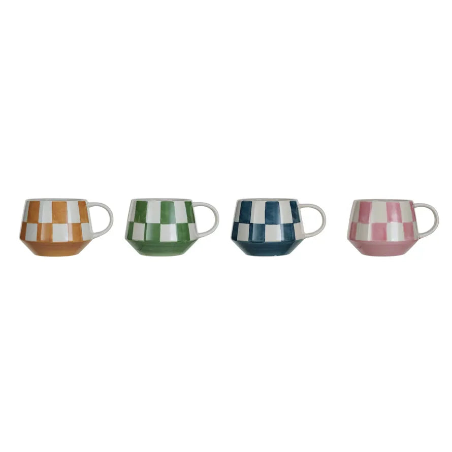 Stoneware Check Pattern Mug 10 oz - Light Pink, Green, Yellow or Blue