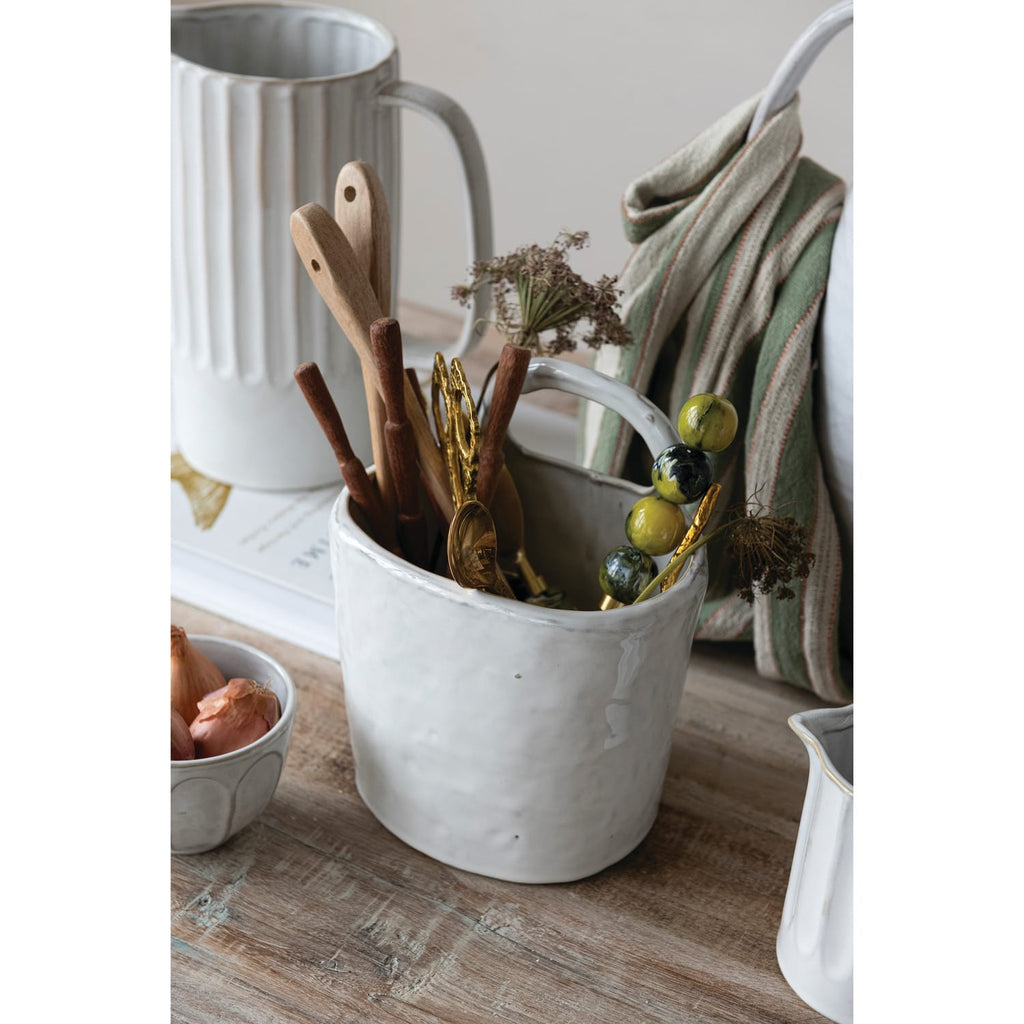 White Stoneware Crock with Handle - Rustic Ceramic Utensil Holder | 7.25"