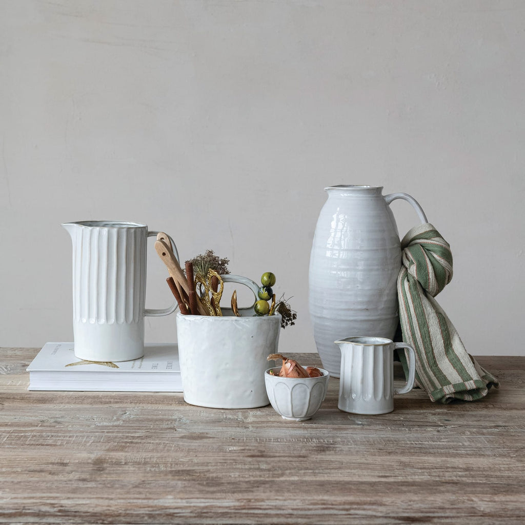 White Stoneware Crock with Handle - Rustic Ceramic Utensil Holder | 7.25"