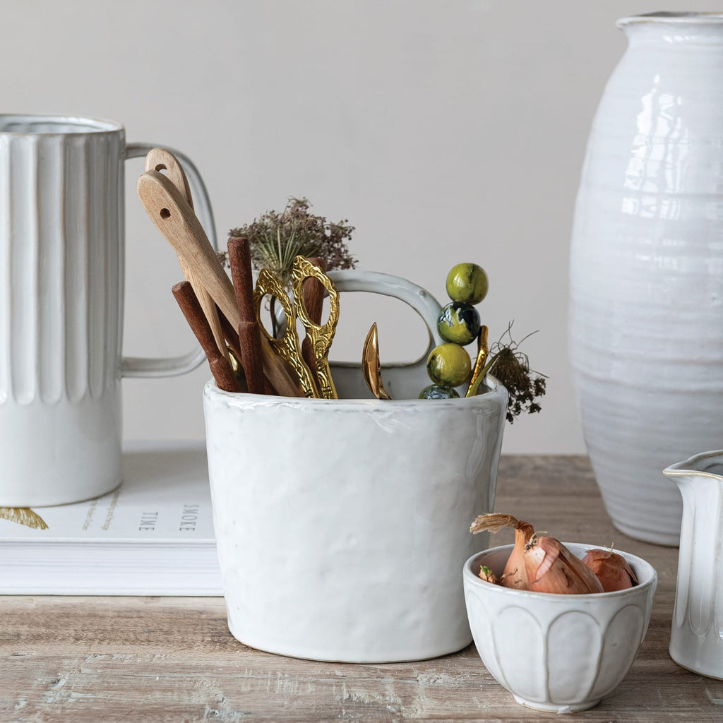 White Stoneware Crock with Handle - Rustic Ceramic Utensil Holder | 7.25"