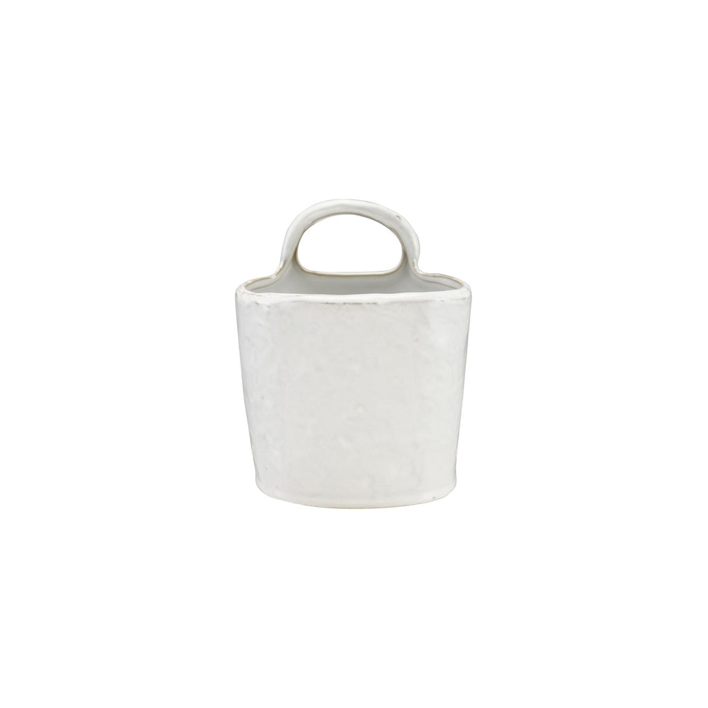 White Stoneware Crock with Handle - Rustic Ceramic Utensil Holder | 7.25"