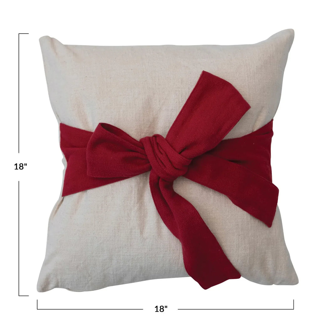 18" Square Hand-Woven Cotton Slub Pillow w/ Bow, Cream Color & Red